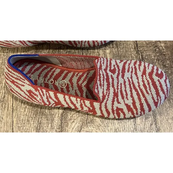 Rothys Size 4 Shoes Red Tan Zebra Stripe Animal Print Flats Slip On Loafers