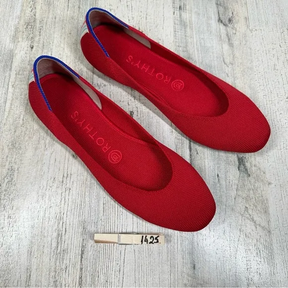 ROTHY'S The Flat Round Toe Solid Red Racing Striped Heel Flats #1425