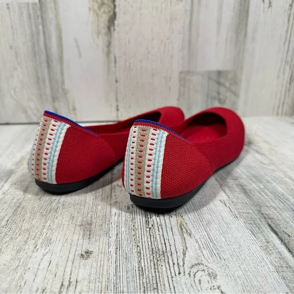 ROTHY'S The Flat Round Toe Solid Red Racing Striped Heel Flats #1425