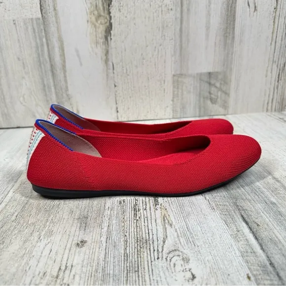 ROTHY'S The Flat Round Toe Solid Red Racing Striped Heel Flats #1425