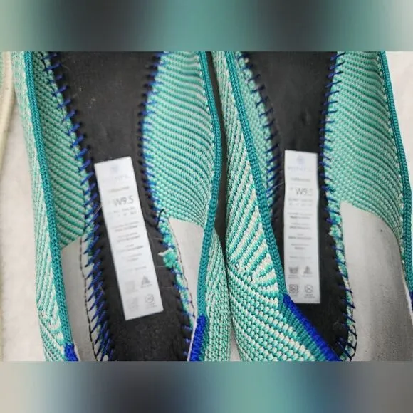 Rothy's The Point Calypso Green Teal Striped Flats Slip On Womens size 9.5 green