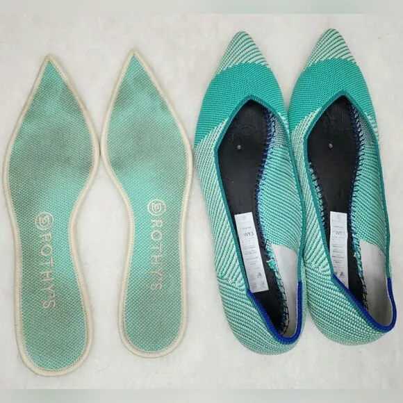 Rothy's The Point Calypso Green Teal Striped Flats Slip On Womens size 9.5 green