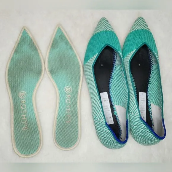 Rothy's The Point Calypso Green Teal Striped Flats Slip On Womens size 9.5 green