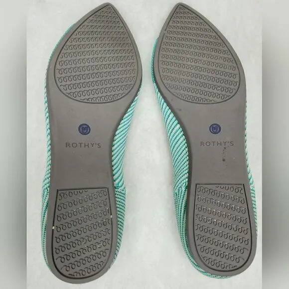 Rothy's The Point Calypso Green Teal Striped Flats Slip On Womens size 9.5 green