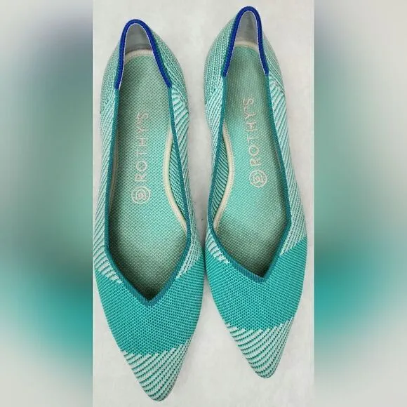 Rothy's The Point Calypso Green Teal Striped Flats Slip On Womens size 9.5 green