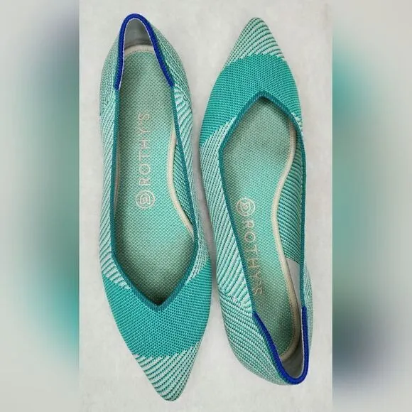 Rothy's The Point Calypso Green Teal Striped Flats Slip On Womens size 9.5 green