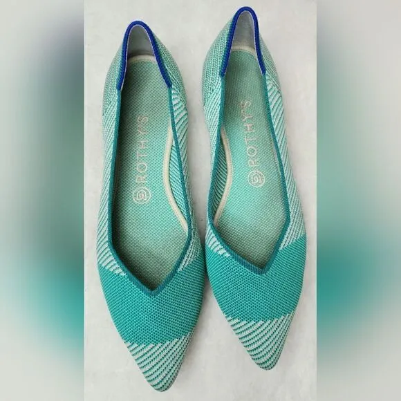Rothy's The Point Calypso Green Teal Striped Flats Slip On Womens size 9.5 green