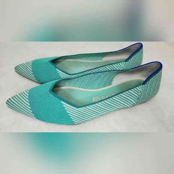 Rothy's The Point Calypso Green Teal Striped Flats Slip On Womens size 9.5 green