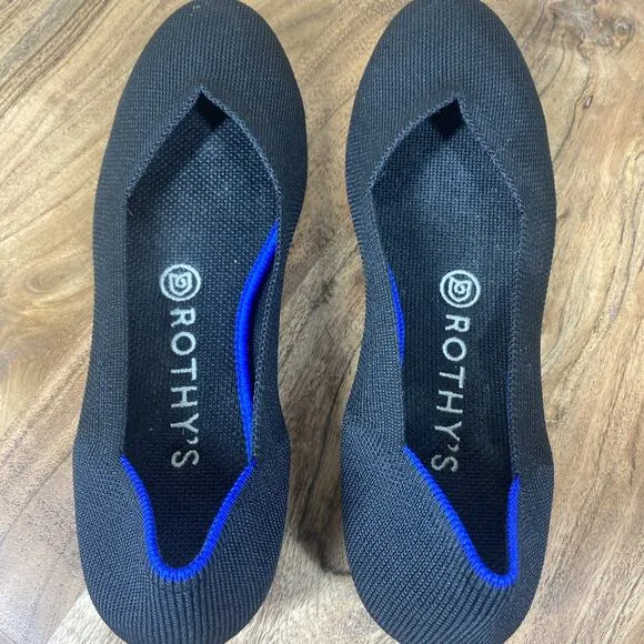 Rothys The Round Toe Womens Black And Blue Size 7 Slip On Round Toe Ballet Flats