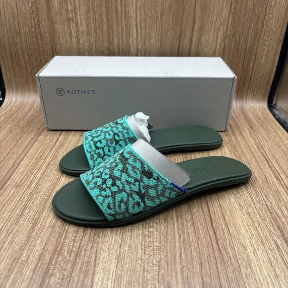 Rothy's The Slide Size US 8.5 Aqua Camo Spot Slip On Flats Sandal RETIRED New