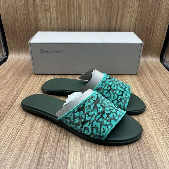 Rothy's The Slide Size US 8.5 Aqua Camo Spot Slip On Flats Sandal RETIRED New
