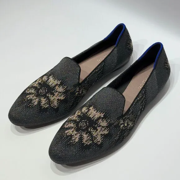 Rothy’s Women's Black Gray Metallic Glitter Floral Almond Toe Loafers Size 12