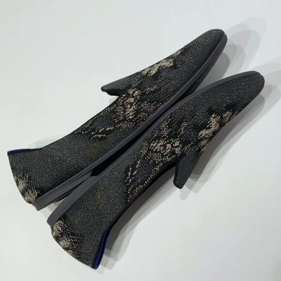Rothy’s Women's Black Gray Metallic Glitter Floral Almond Toe Loafers Size 12