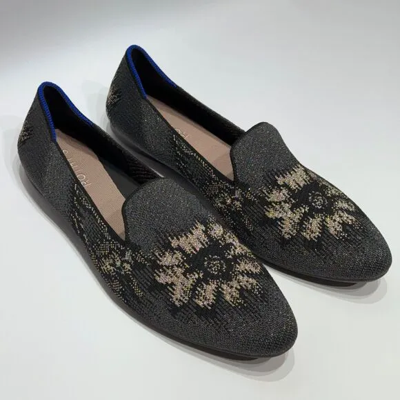 Rothy’s Women's Black Gray Metallic Glitter Floral Almond Toe Loafers Size 12