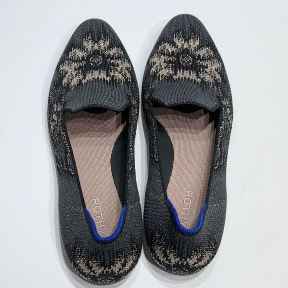 Rothy’s Women's Black Gray Metallic Glitter Floral Almond Toe Loafers Size 12