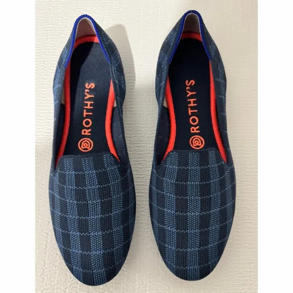 Rothy’s Womens Indigo Gingham Plaid Checkered Slip On Flats Loafers Round Toe 9
