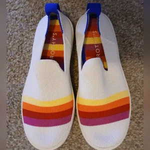 Rothy's Youth Spring Summer Vacay White Slip-On Sneakers With Rainbow Stripes 3