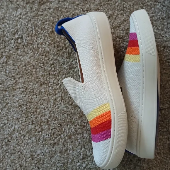 Rothy's Youth Spring Summer Vacay White Slip-On Sneakers With Rainbow Stripes 3