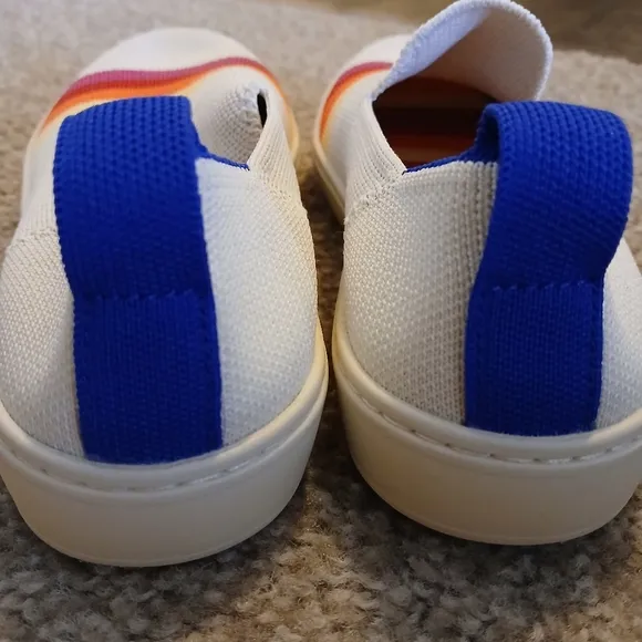Rothy's Youth Spring Summer Vacay White Slip-On Sneakers With Rainbow Stripes 3