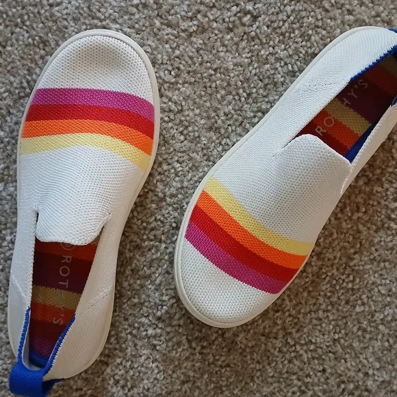 Rothy's Youth Spring Summer Vacay White Slip-On Sneakers With Rainbow Stripes 3