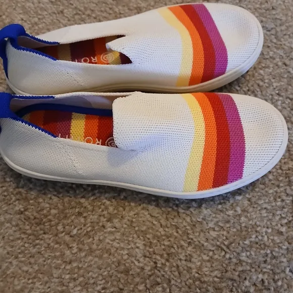 Rothy's Youth Spring Summer Vacay White Slip-On Sneakers With Rainbow Stripes 3