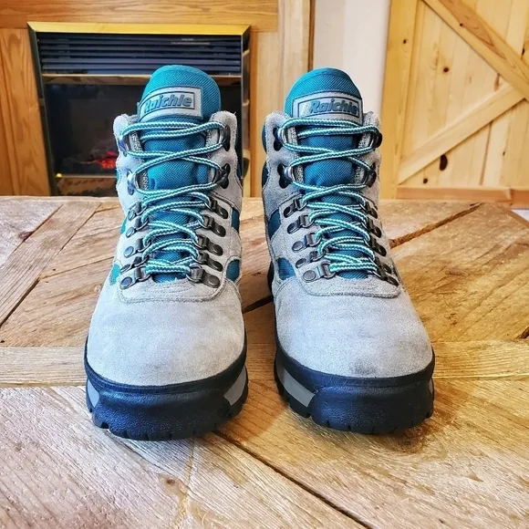 RRaichle Swiss Design Mountaineer Gray Suede and Teal Nylon Climbing Boots sz7.5