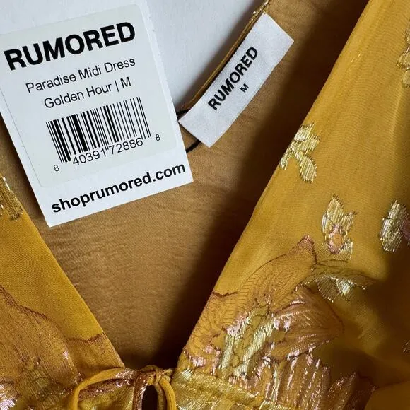 Rumored Paradise Midi Dress Shimmer Silk Blend Elegant Chic Medium Golden Hour