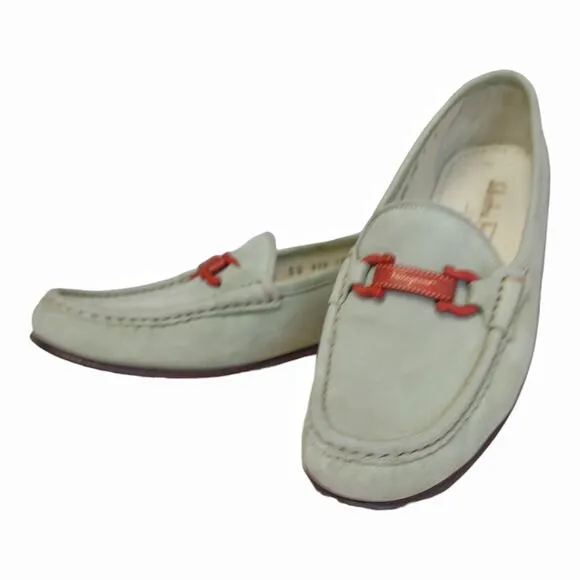 SALVATORE FERAGAMMO Loafers Light Sage Green Suede Red Hardwear Size 7 Preppy
