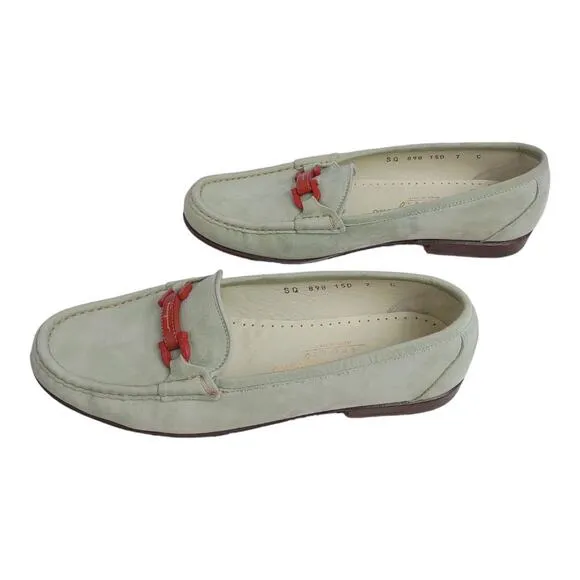 SALVATORE FERAGAMMO Loafers Light Sage Green Suede Red Hardwear Size 7 Preppy