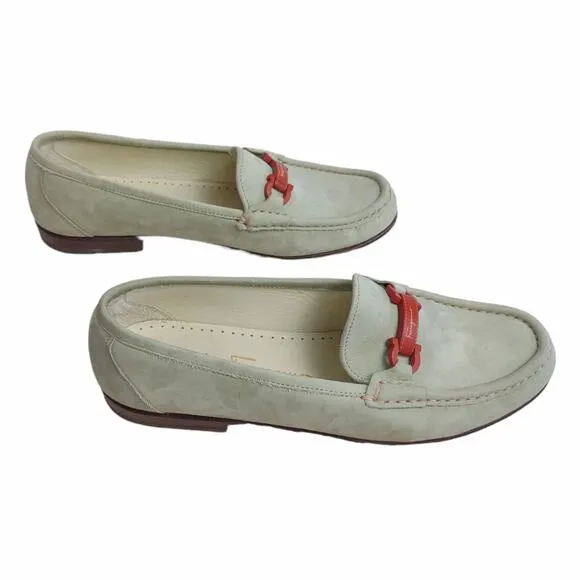SALVATORE FERAGAMMO Loafers Light Sage Green Suede Red Hardwear Size 7 Preppy