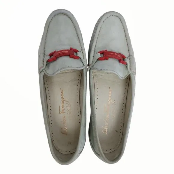 SALVATORE FERAGAMMO Loafers Light Sage Green Suede Red Hardwear Size 7 Preppy
