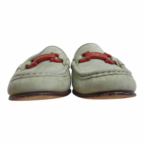 SALVATORE FERAGAMMO Loafers Light Sage Green Suede Red Hardwear Size 7 Preppy