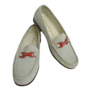 SALVATORE FERAGAMMO Loafers Light Sage Green Suede Red Hardwear Size 7 Preppy