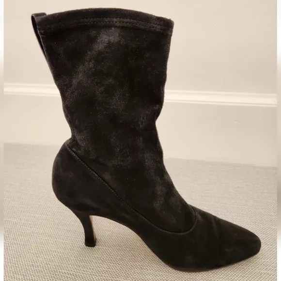 Salvatore Ferragamo 7 B Black Suede Boots Pull On Heeled Women Italy