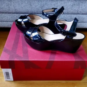 Salvatore Ferragamo &quot;My Ferragamo&quot; Black Patent Leather Wedge Sandals Size 6 1/2