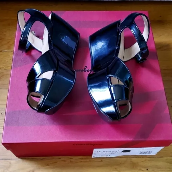 Salvatore Ferragamo &quot;My Ferragamo&quot; Black Patent Leather Wedge Sandals Size 6 1/2