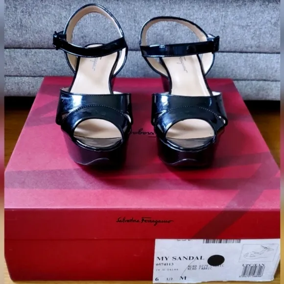 Salvatore Ferragamo &quot;My Ferragamo&quot; Black Patent Leather Wedge Sandals Size 6 1/2
