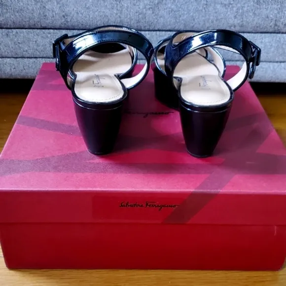 Salvatore Ferragamo &quot;My Ferragamo&quot; Black Patent Leather Wedge Sandals Size 6 1/2