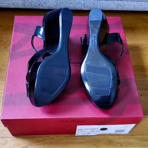 Salvatore Ferragamo &quot;My Ferragamo&quot; Black Patent Leather Wedge Sandals Size 6 1/2
