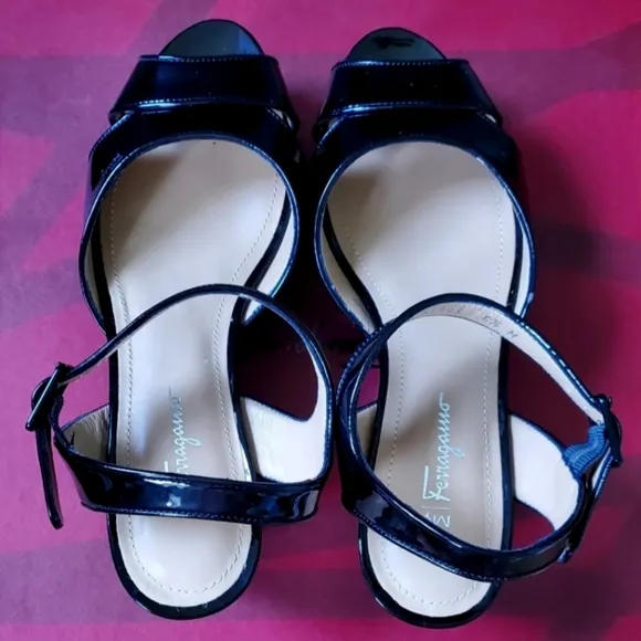 Salvatore Ferragamo &quot;My Ferragamo&quot; Black Patent Leather Wedge Sandals Size 6 1/2