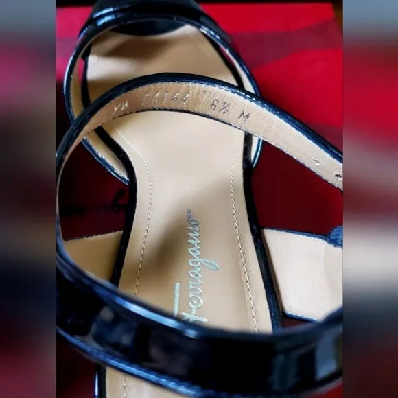 Salvatore Ferragamo &quot;My Ferragamo&quot; Black Patent Leather Wedge Sandals Size 6 1/2