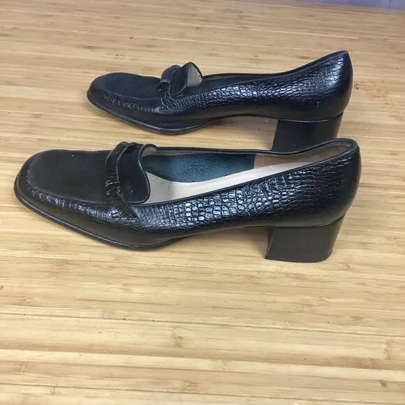 Salvatore Ferragamo Black Suede Croc Leather Heeled  Loafers 9.5