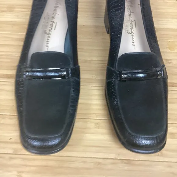 Salvatore Ferragamo Black Suede Croc Leather Heeled  Loafers 9.5