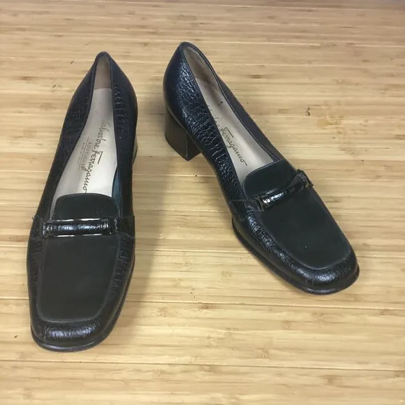 Salvatore Ferragamo Black Suede Croc Leather Heeled  Loafers 9.5