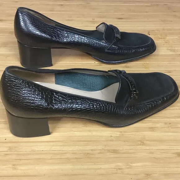 Salvatore Ferragamo Black Suede Croc Leather Heeled  Loafers 9.5