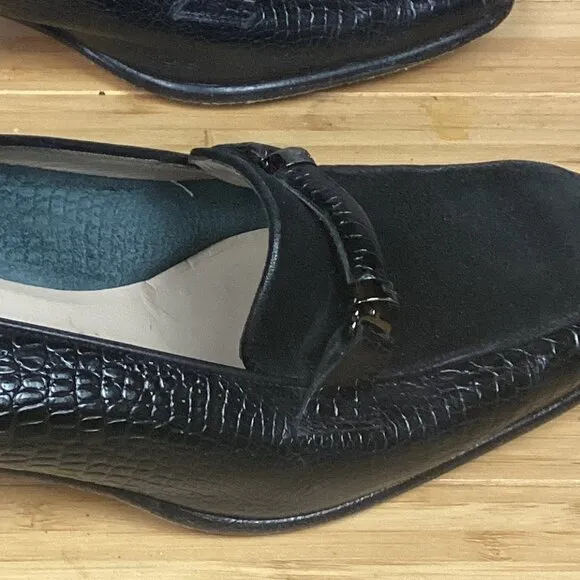 Salvatore Ferragamo Black Suede Croc Leather Heeled  Loafers 9.5