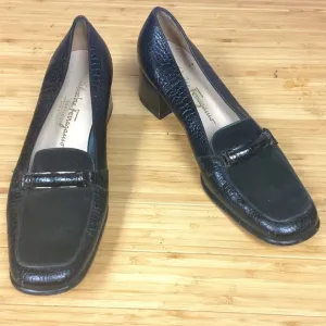 Salvatore Ferragamo Black Suede Croc Leather Heeled  Loafers 9.5