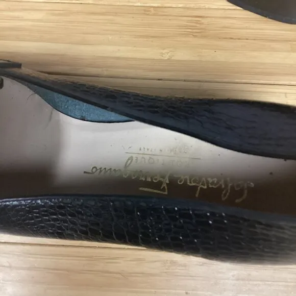 Salvatore Ferragamo Black Suede Croc Leather Heeled  Loafers 9.5