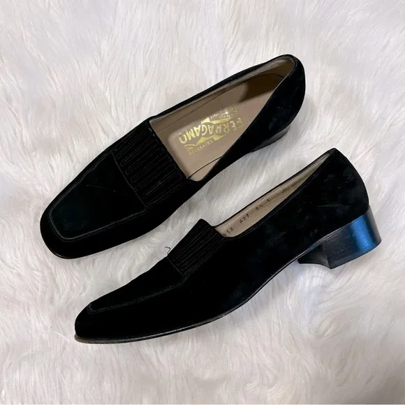 Salvatore Ferragamo Black Suede Square Toed Loafer Shoes Size 8.5
