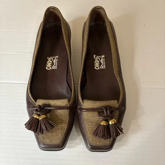 SALVATORE FERRAGAMO Brown and Tweed Square Toe Loafers